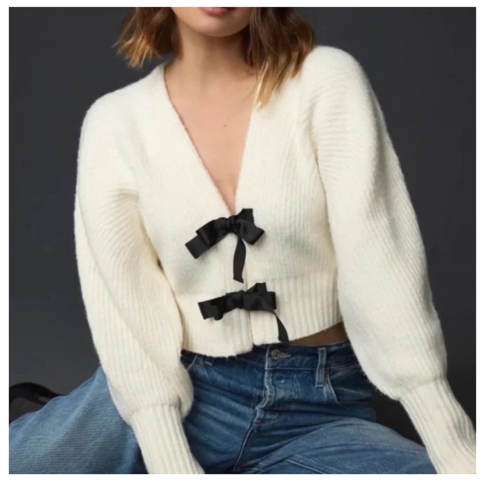 Anthropologie Rhea Bow-Front Cream Crop Cardigan Sweater